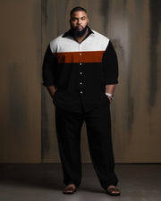 Men's Plus Size Casual bar Color Block Long Sleeve Lapel 2 Shirt Set