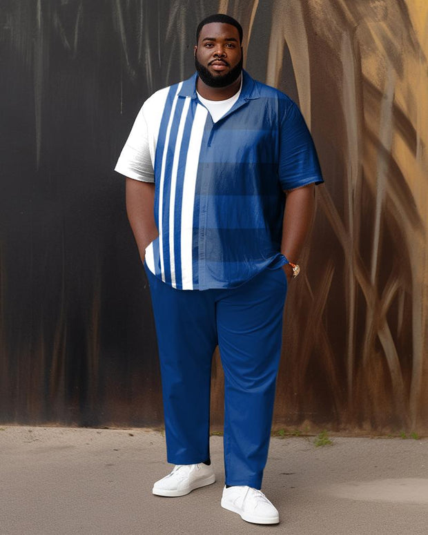 Men's Plus Size Blue Line Color Matching Gradient Short Sleeve Walking Suit