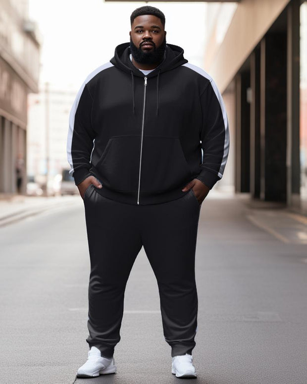 Men's Plus Size Casual Black Jogger Sports Zip Hoodie Set