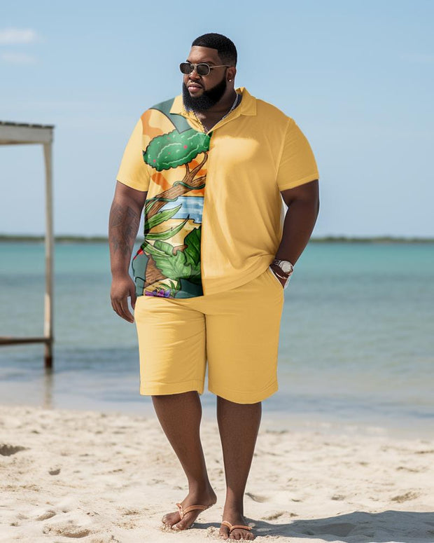 Men's Plus Size Beach Hawaii Colorblock Two-Piece Set