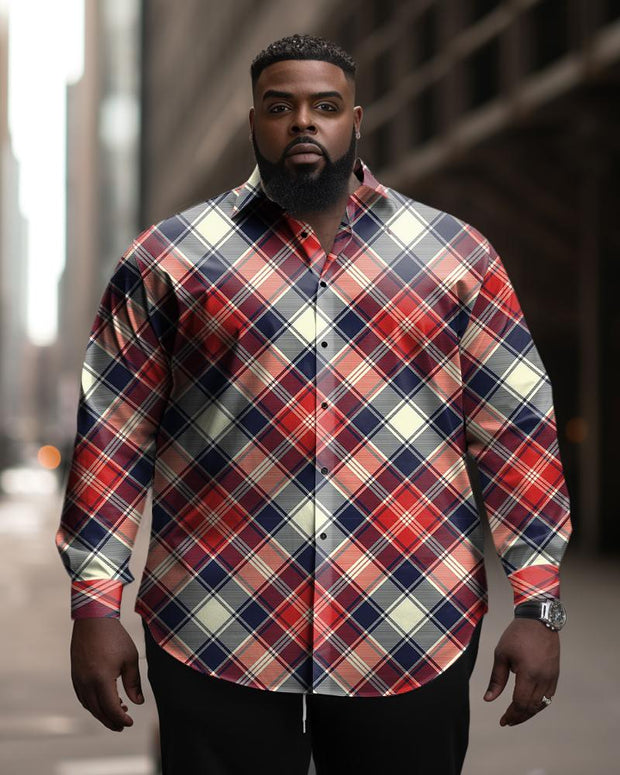 Men's Plus Size Casual Red Plaid Long Sleeve Lapel Long Sleeve Shirt