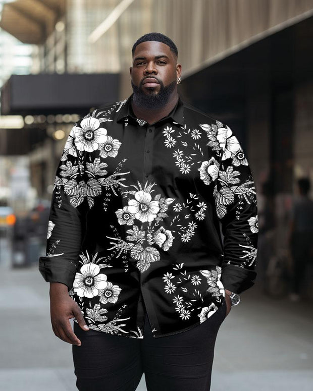 Men's Plus Size Casual Flowers Long Sleeve Lapel Long Sleeve Shirt