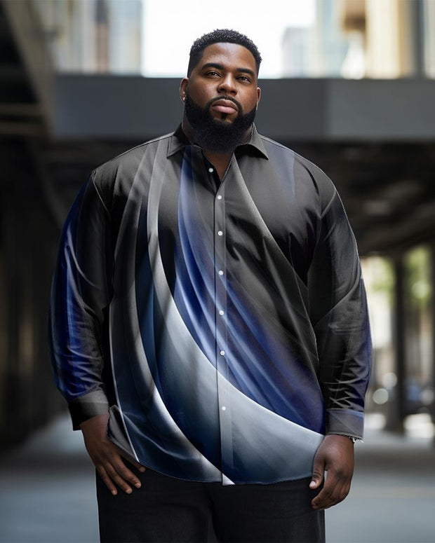 Men's Plus Size Leisure Blue Art Personality Long Sleeve Lapel Long Sleeve Shirt