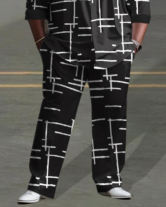 Men's Plus Size Black Irregular Geometric Line Long Sleeve Lapel 2 Shirt Set
