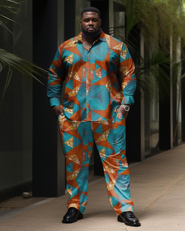 Men's Plus Size Blue Tangerine Graphic Long Sleeve Lapel Shirt Set