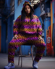 Women's Large Size Colorful Leopard Graffiti Hoodie Set