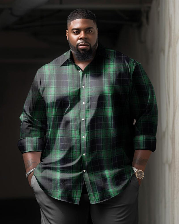 Men's Classic Casual Plus Size Black Green Plaid Long Sleeve Lapel Shirt