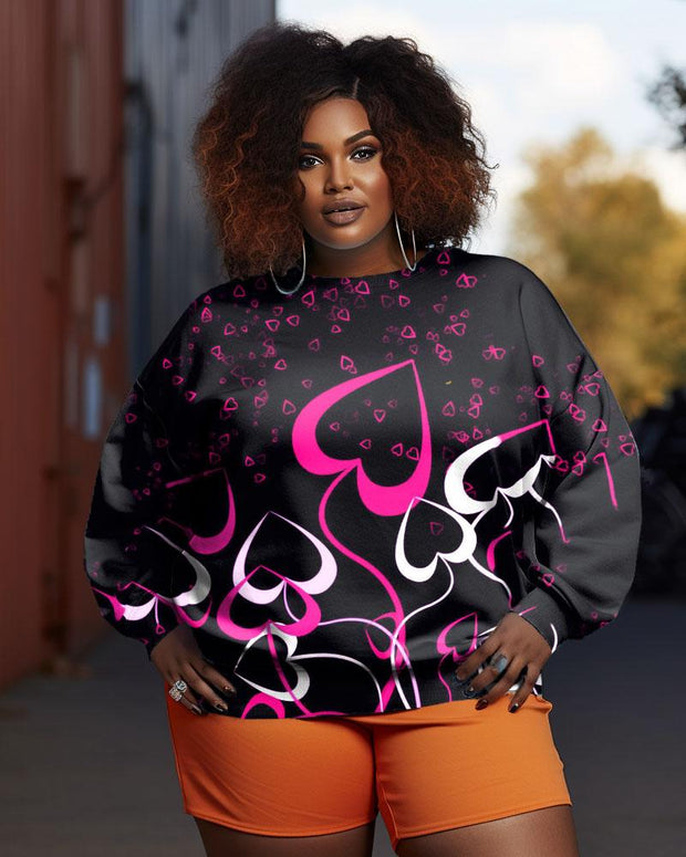 Women's Plus Size Wave Heart Graffiti Crew Neck Long Sleeve Sweatshirt