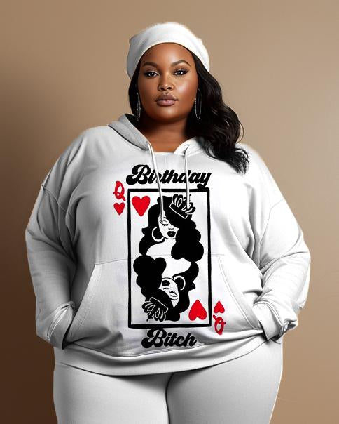 Women's Large Size Simple Style Birthday Queen Bitch Hoodie and Sweatpants Set