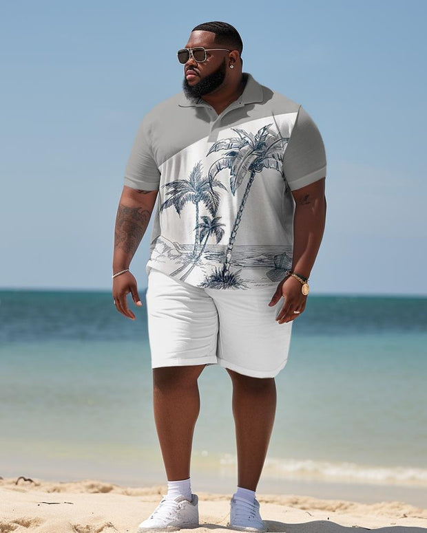 Men's Large Size Business Color Matching Coconut Tree Beach Two-Piece Set