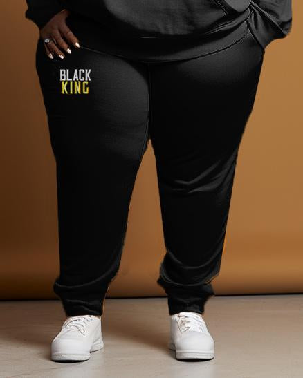 Women's Large Size Simple Style Black King Power Hoodie and Sweatpants Set