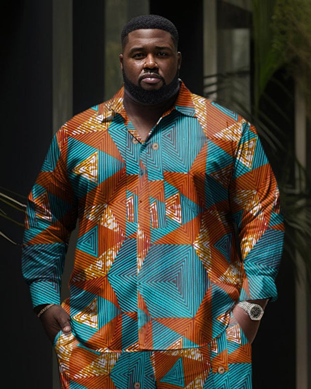 Men's Plus Size Blue Tangerine Graphic Long Sleeve Lapel Shirt Set