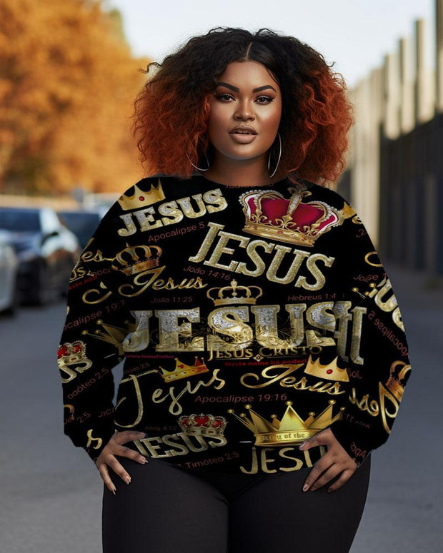 Women's Plus Size Crown Religious Graffiti Crew Neck Long Sleeve Sweatshirt
