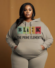 Women's Large Size Simple Style Black The Prime Element Hoodie and Sweatpants Set