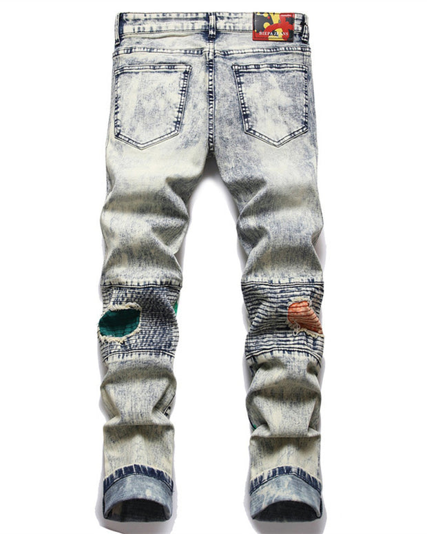 Men's Jeans Fashion Urban Ripped Print Panel Jeans