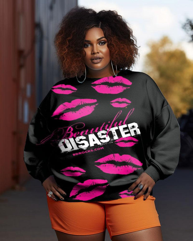 Women's Plus Size Beautiful Lips Graffiti Crew Neck Long Sleeve Sweatshirt