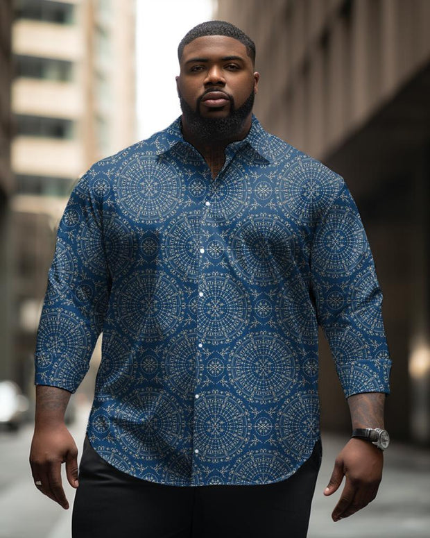 Men's Plus Size Retro Ethnic Geometry Long Sleeve Lapel Long Sleeve Shirt