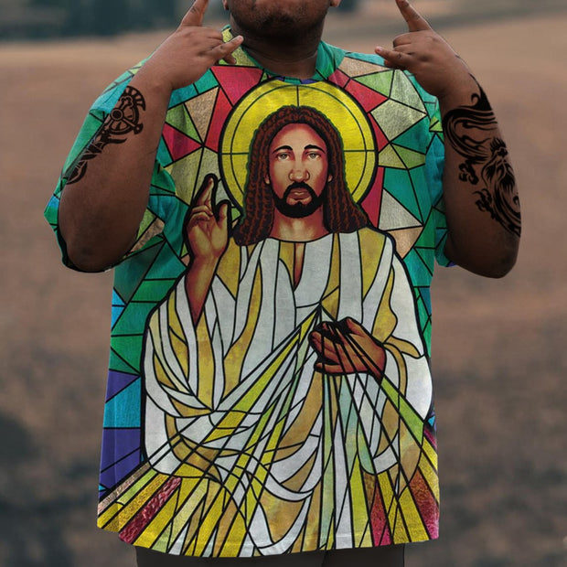 Men's Plus Size Black Jesus On The Stained Glass T-Shirt
