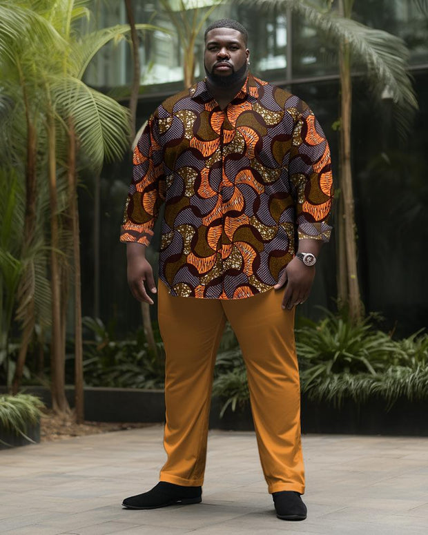 Men's Large Size Irregular Floral Pattern Long Sleeve Lapel Shirt Two-Piece Set