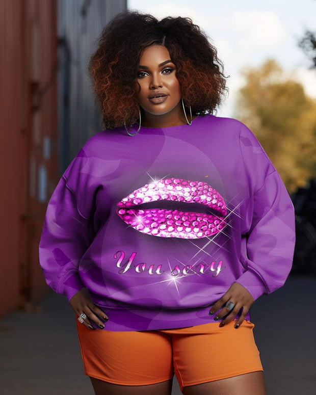 Women's Plus Size Purple Lips Graffiti Crew Neck Long Sleeve Sweatshirt
