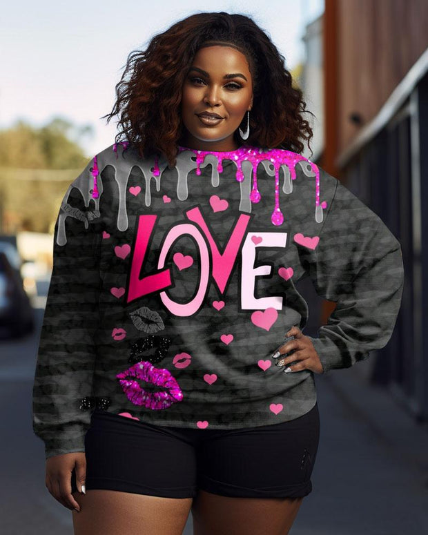 Women's Plus Size Graffiti Love Lips Crew Neck Long Sleeve Sweatshirt