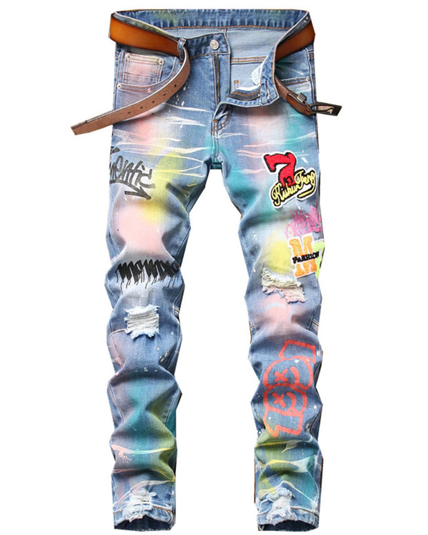Men's Embroidered Ripped Slim Jeans