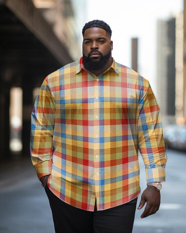 Men's Casual Plus Size Color Matching Plaid Long Sleeve Lapel Shirt