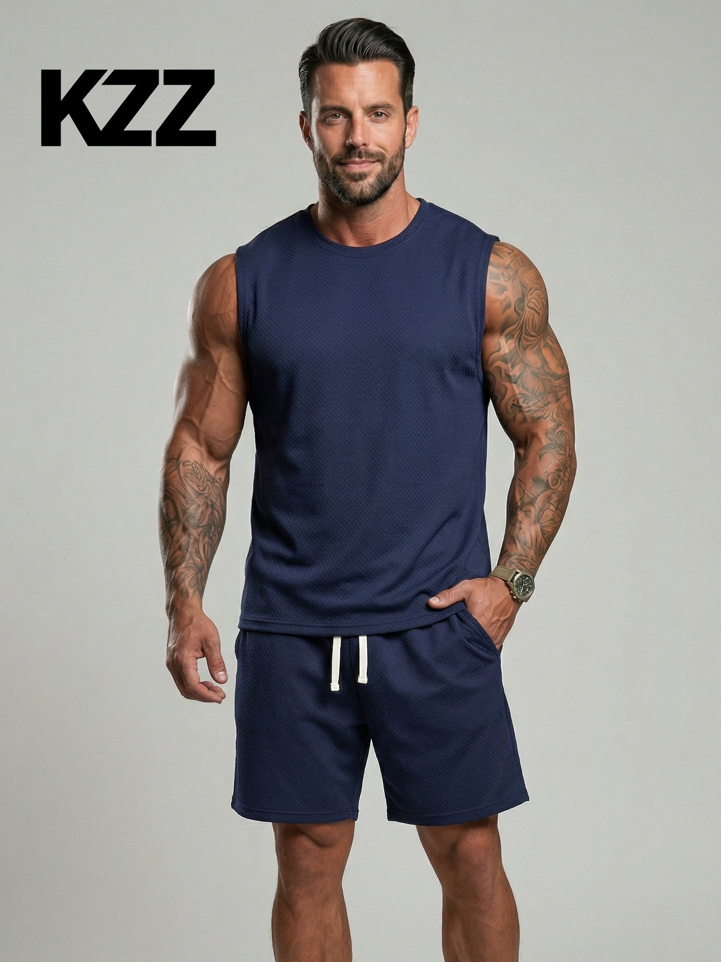 KZZ Men's Solid-Color Ribbed Sleeveless Vest and Shorts Two-Piece Set