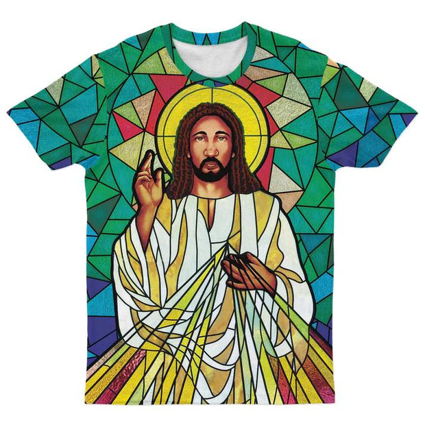 Men's Plus Size Black Jesus On The Stained Glass T-Shirt