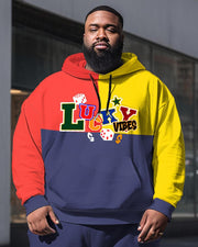Men's Plus Size Casual Lucky Color Splicing Hoodie Set