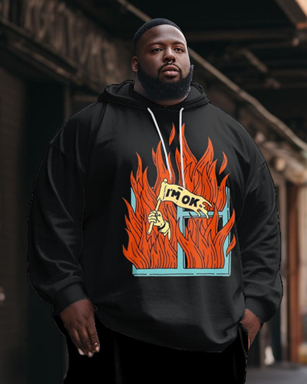 Men's Plus Size Casual Flame I'm Ok Two Piece Hoodie Set