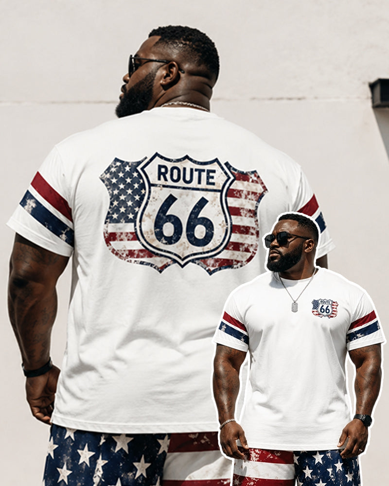 Big & Tall Men's Distressed Flag Road 66 Printed Crew Neck Short Sleeve T-shirt Shorts Set