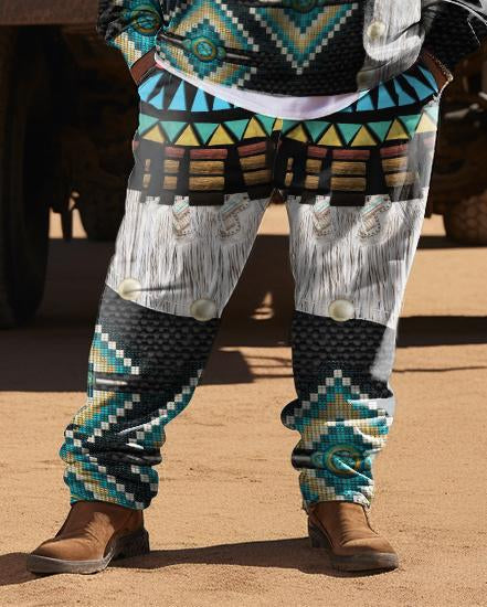 Men's  Plus Size West Tribal Ethnic Diamond Color Block Skull Hoodie Two Piece Set