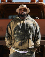 Men's  Plus Size Tribe Ethnic Indian Skull Hoodie Two Piece Set
