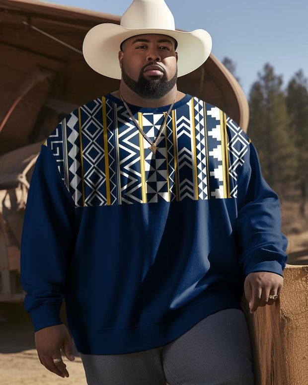 Men's Plus Size Western Ethnic Style Geometric Color Block Long Sleeve Sweatshirt