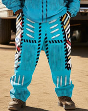 Men's  Plus Size Blue Ethnic Style Hoodie Two Piece Set