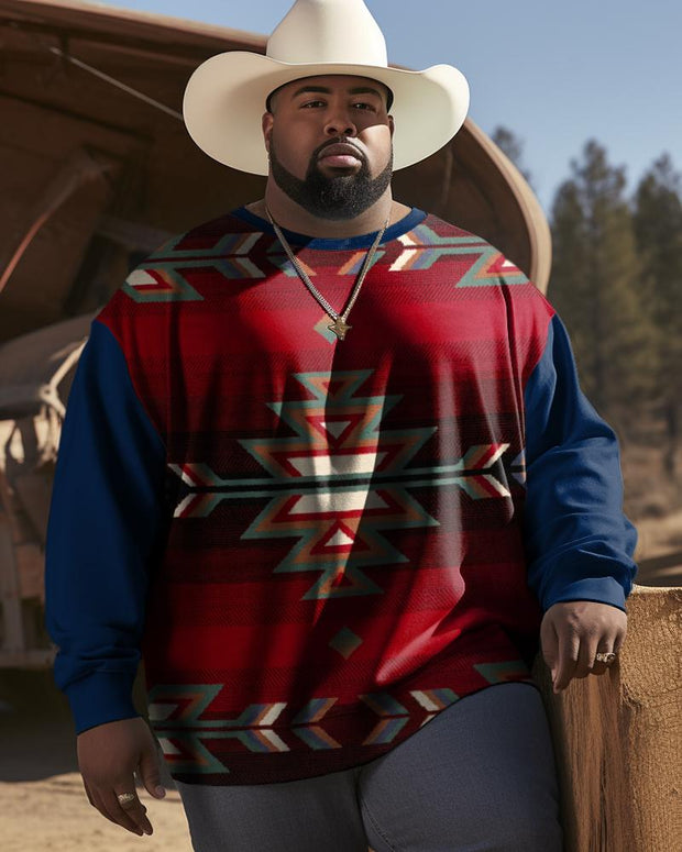 Men's Plus Size Red and Blue Colorblock Diamond Western Ethnic Style Long Sleeve Sweatshirt