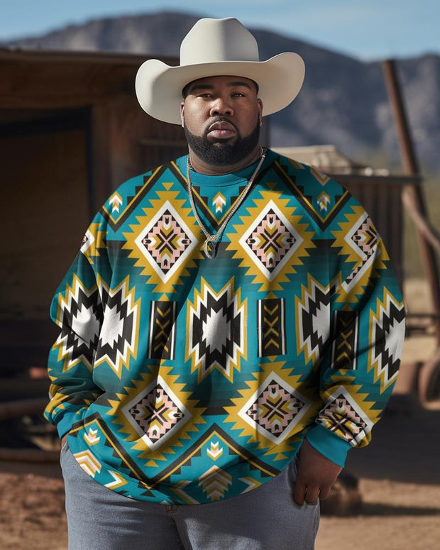 Men's Plus Size Western Ethnic Style Diamond Pattern Long Sleeve Sweatshirt