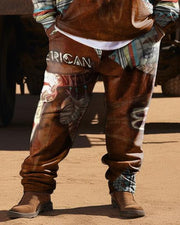 Men's  Plus Size West Tribal Ethnic Diamond Antelope Horn Hoodie Two Piece Set