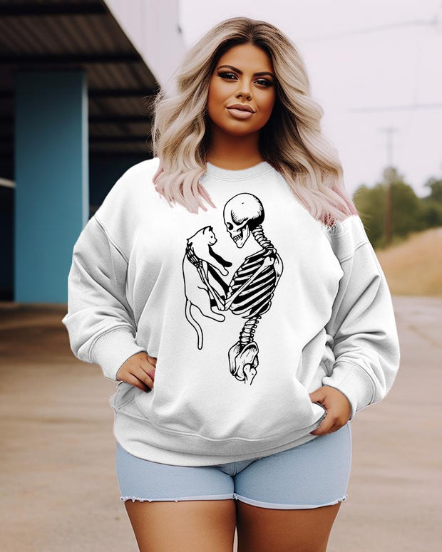 Women's Plus Size Casual Skeleton And Cat Sweatshirt
